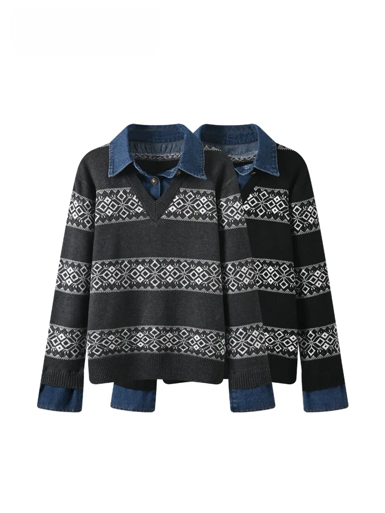 

Модный полосатый свитер большого размера с длинными рукавами для женщин, осенне-зимняя новинка, уютный топ из полиэфирного волокна, вязаная одежда