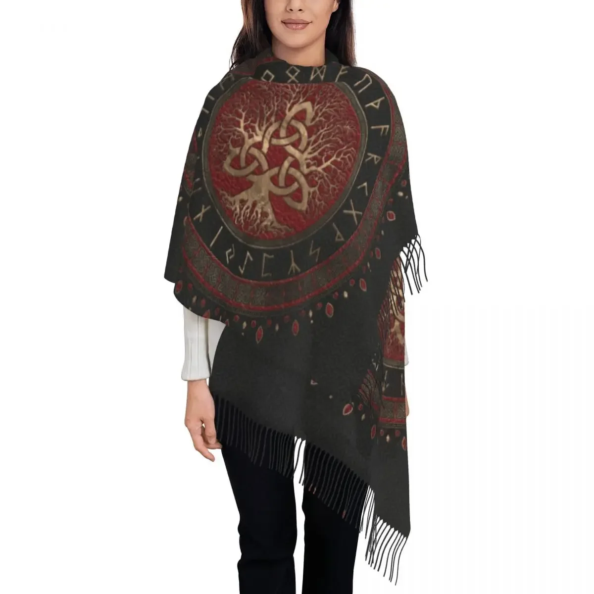 Lady Large Tree Of Life With Triquetra Black Red Leather Scarves Winter Warm Tassel Shawl Wraps Norse Yggdrasil Scarf