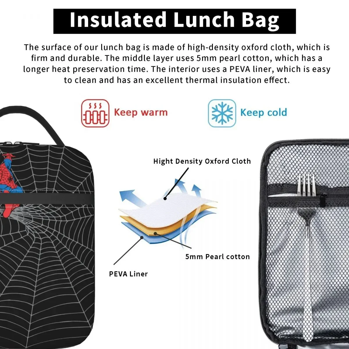 Spider-Man In Center Of Web Insulated Lunch Bags Portable Reusable Thermal Bag Tote Lunch Box School Outdoor Girl Boy