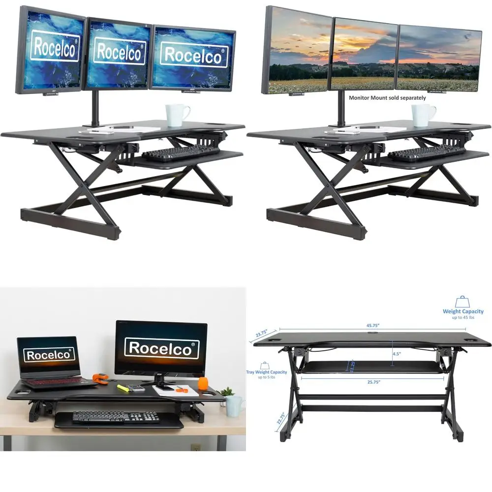 Height Adjustable Standing Desk Converter - Triple Monitor Riser with Gas Spring Assist for Quick Sit-Stand Transition