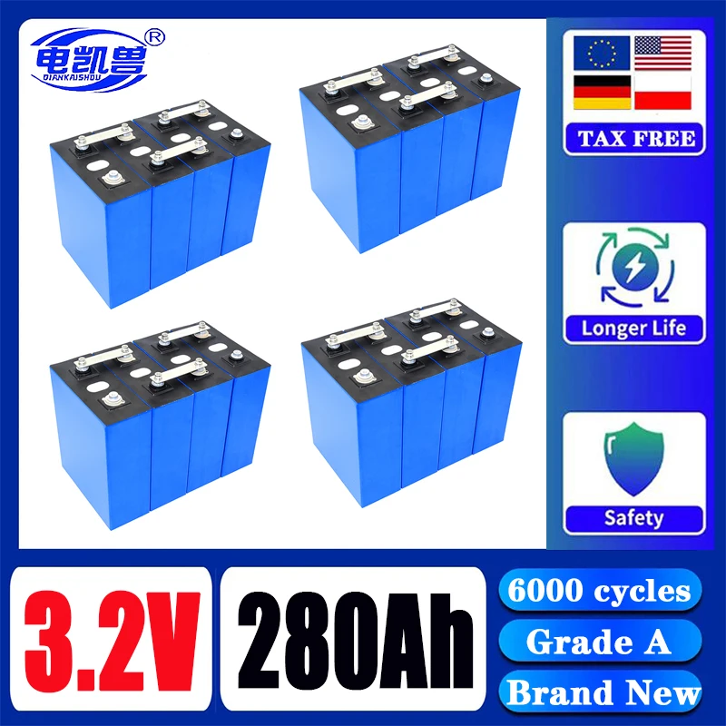 

New A-grade 3.2V 280Ah LiFePO4 rechargeable battery with 6000 cycles suitable for DIY 12V 24V 48V solar system tax-free