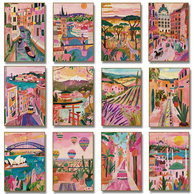Colorful Rustic Village Boho Travel Sydney Istanbul Cityscape Kyoto San Francisco poster canvas painting print room home decor