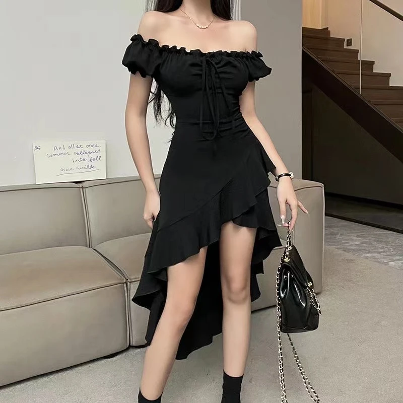 Summer Black A-LINE Dress Women Streetwear Sexy Off Shoulder Short Sleeves Ruffled Mid Length Dresses Club Elegant Partywear