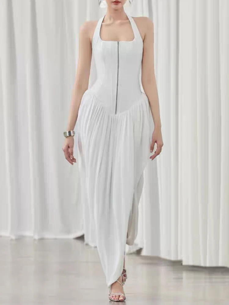 Abito halter senza maniche con spalle scoperte sexy in tinta unita Abito irregolare a pieghe sottile con cerniera moda donna estiva 2025