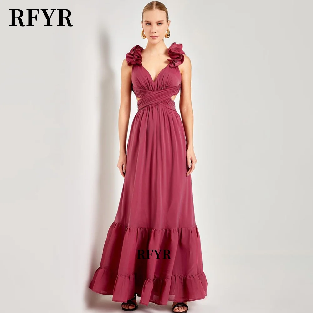 

RFYR A Line Party Dress with Ruffles Evening Dress Lace Up Back Chiffon Prom Dress with Pleats فستان سهرة Customized