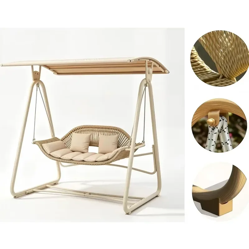Thickened Steel Frame Adjustable Sun Shade Patio Swing Rocker Durable Rattan Swing Chair for Outdoor Terrace