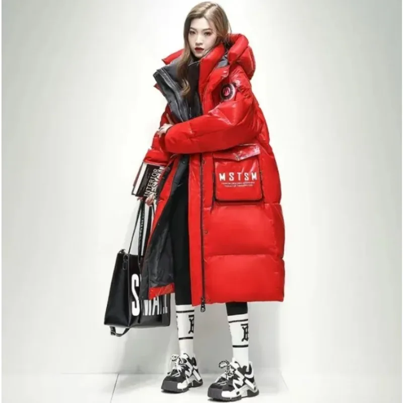 Big Pocket Down Jacket Fashion Bright Face Wash Over Knee   Winter Atmosphere Thick Pure Color Bread Suit High Quality Clothing
