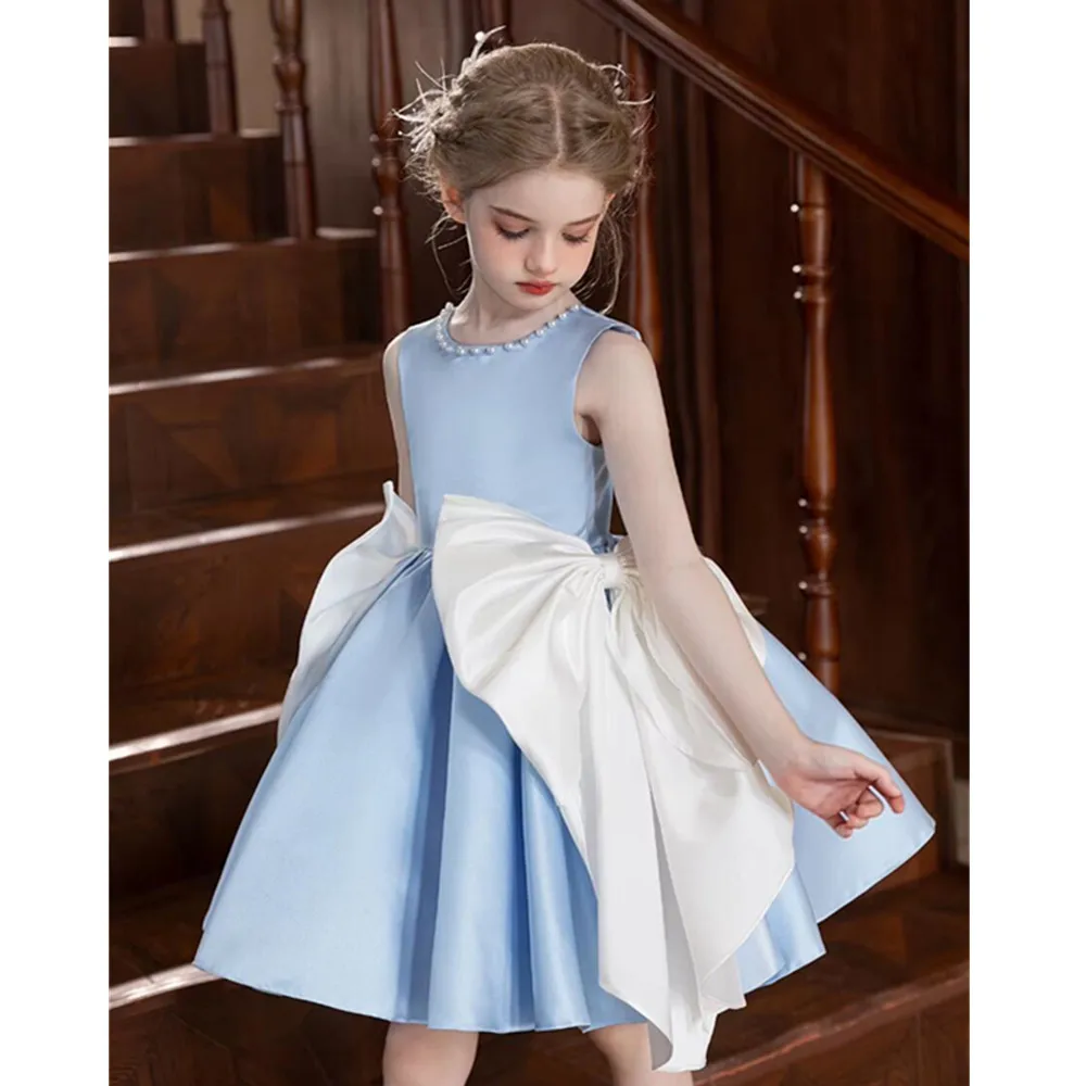 

Синие детские платья Золушки по индивидуальному заказу, детские элегантные атласные пышные бальные платья принцессы с пышными рукавами и бантом на заказ