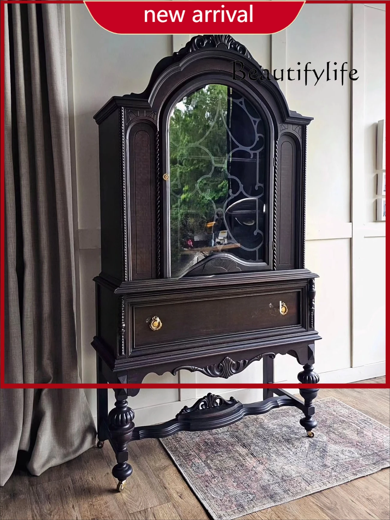 

aQ ZY French Retro Solid Wood Carving Flower Retro Wine Cabinet American Antique Dining Side Cabinet Storage Cabinet