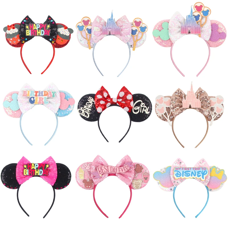 

10Pcs/Lot Disney Trip Mouse Ears Headband For Girls Sequin Castle Bow Hairband Festival Party Cosplay DIY Hair Accessories Mujer