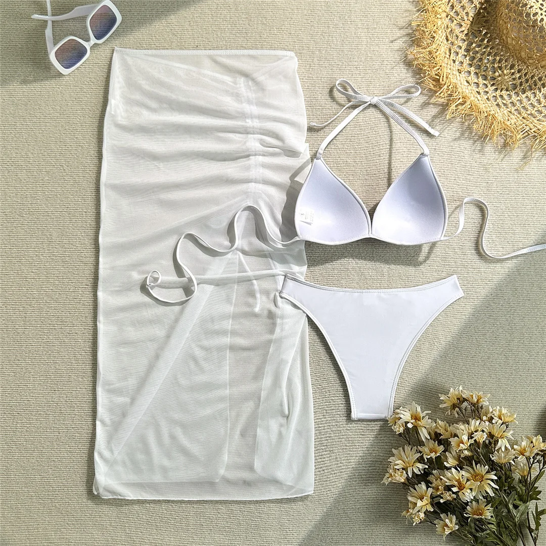 Mit Rock, Neckholder-Bikini, Damen-Badeanzug, dreiteiliges Bikini-Set, brasilianischer BH, Badebekleidung, Badeanzug, Schwimmbekleidung V7650 – Detail 9