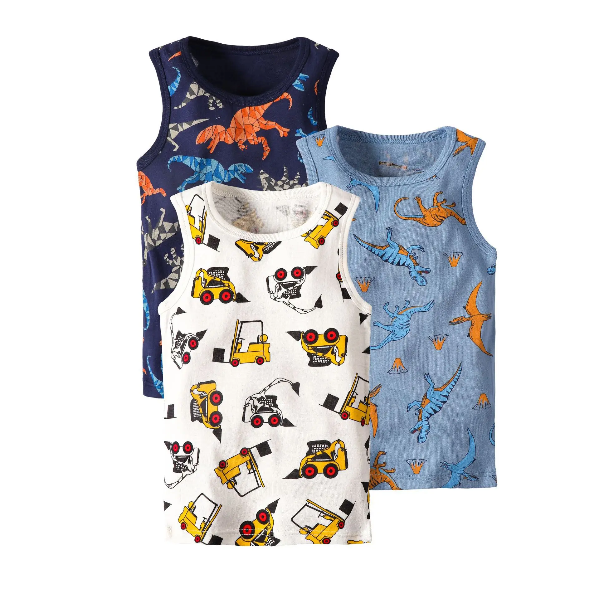 Toddler Boys 3 Pack Tank Tops  Summer Cartoon Undershirt Baby Dinosaur Excavator Print Sleeveless Tops