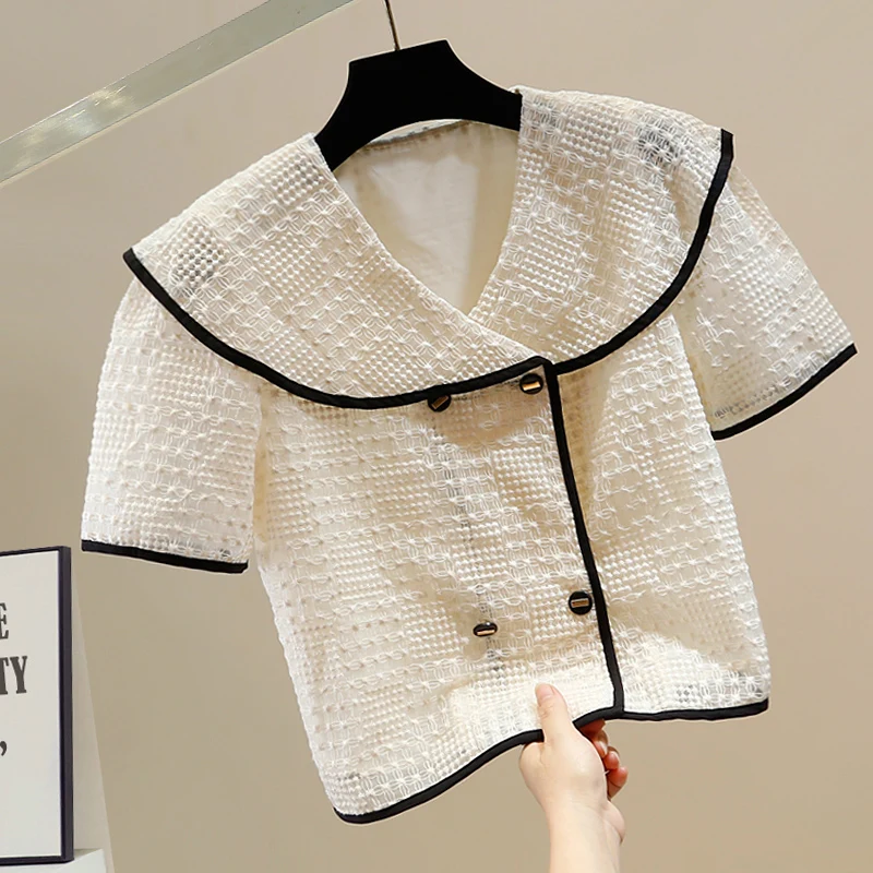 

Faionable Color Blo Doll Collar с двойной пуговицей ort irt Женский летний новый свободный универсальный топ Модный комплект для поездок на работу Чистый ...