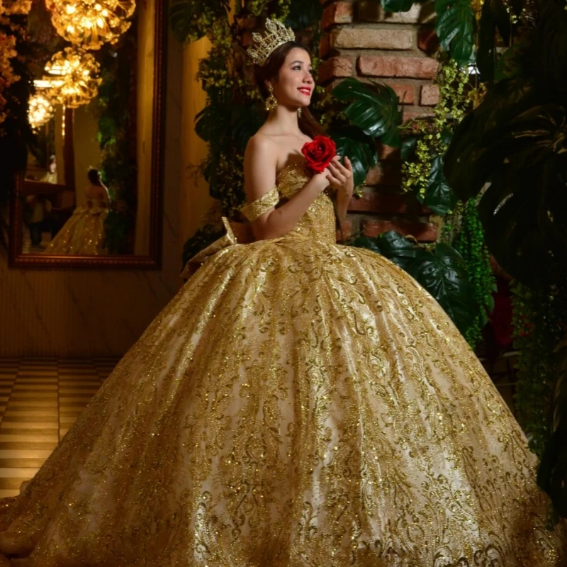 Champagner glänzende Quinceanera-Kleider, schulterfrei, Pailletten-Applikation, Spitze, Perlen, Schleife, Tüll, Korsett, Party, Geburtstag, süßes 16-Kleid