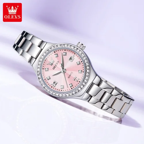 Imagen 2 del producto OLEVS nuevo 5628 reloj de cuarzo para mujer correa de acero bisel de circón fecha automática impermeable rombo espejo Original relojes de vestir para mujer