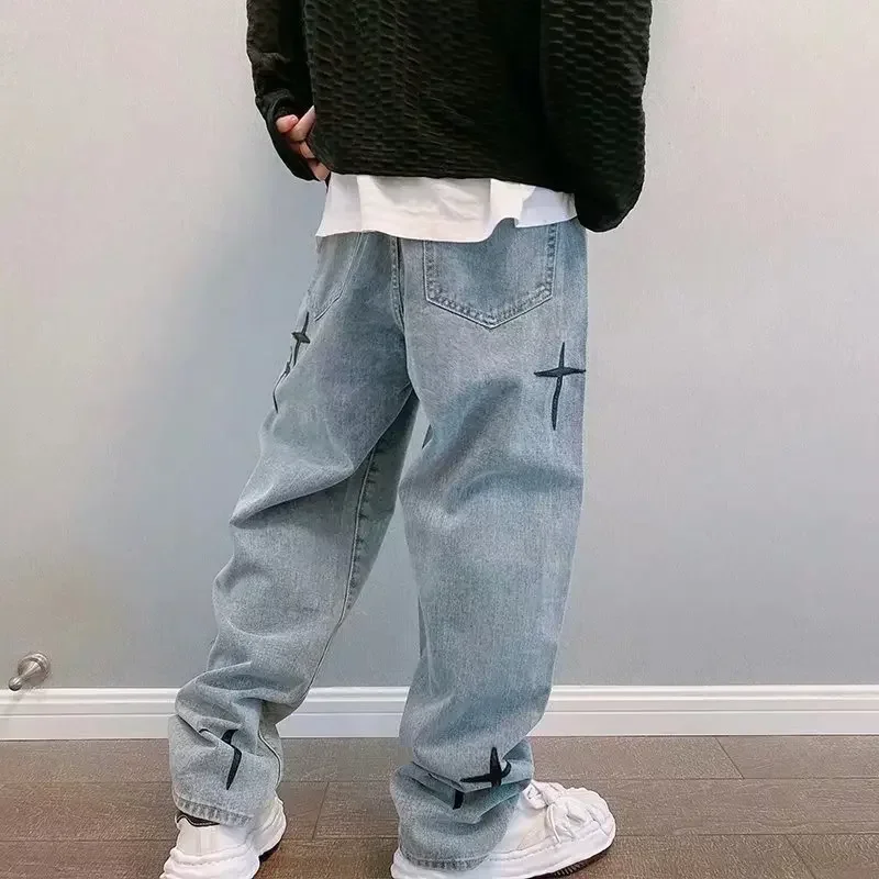 Vibe Style Cross Embroidery Retro Washed Men Baggy Jeans Trousers Hip Hop Distressed Vintage Denim Pants Pantalons Capris