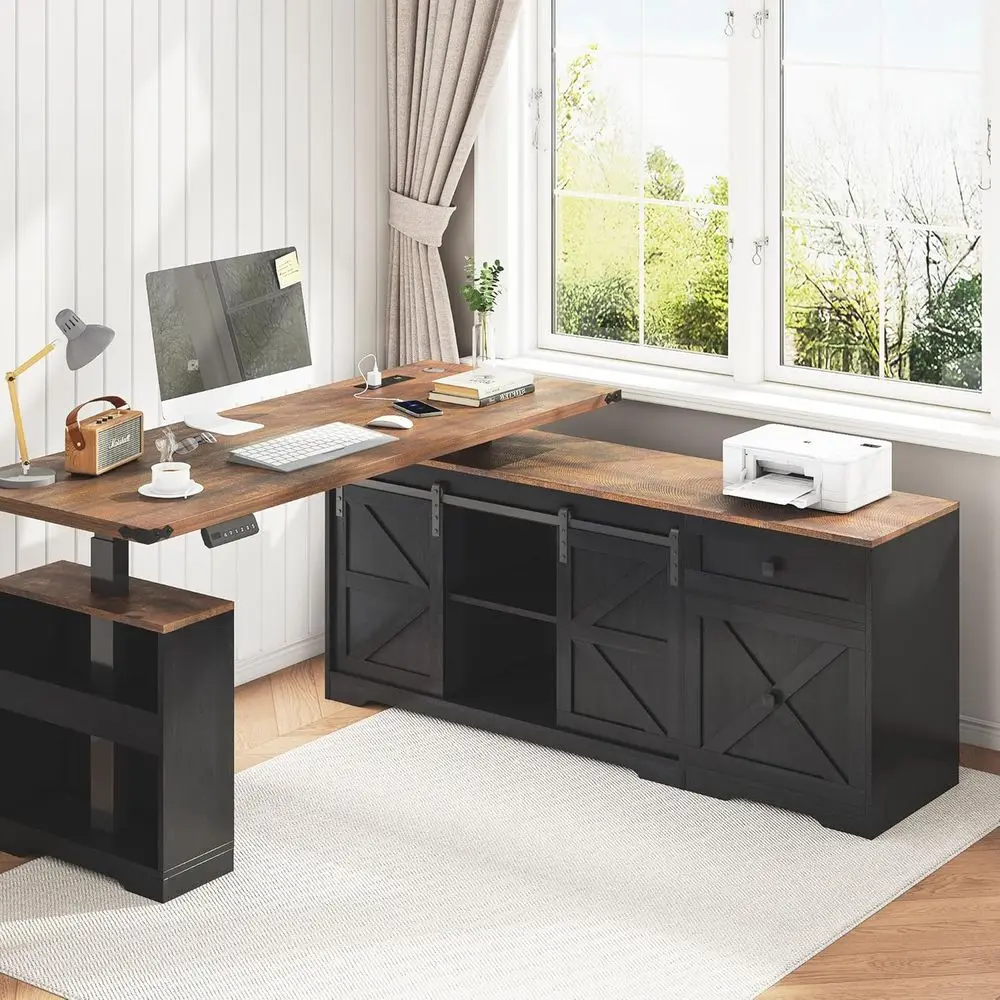 

Электрический регулируемый по высоте L-образный стол с местом для хранения и розетками для домашнего офиса, черный