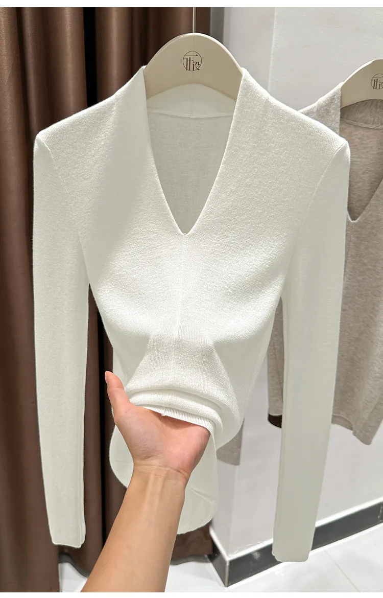 AOSSVIAO Herbst Winter Schwarzer Damen-Pullover mit V-Ausschnitt, langärmelig, schmale Passform, weicher Strickpullover, weiche, vielseitige Basic-Layering-Tops – Detail 18