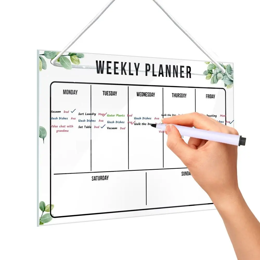 Transparent Message Board Acrylic Monthly Weekly Note Board Green Leaves Pattern Wall Hanging Erasable Whiteboard