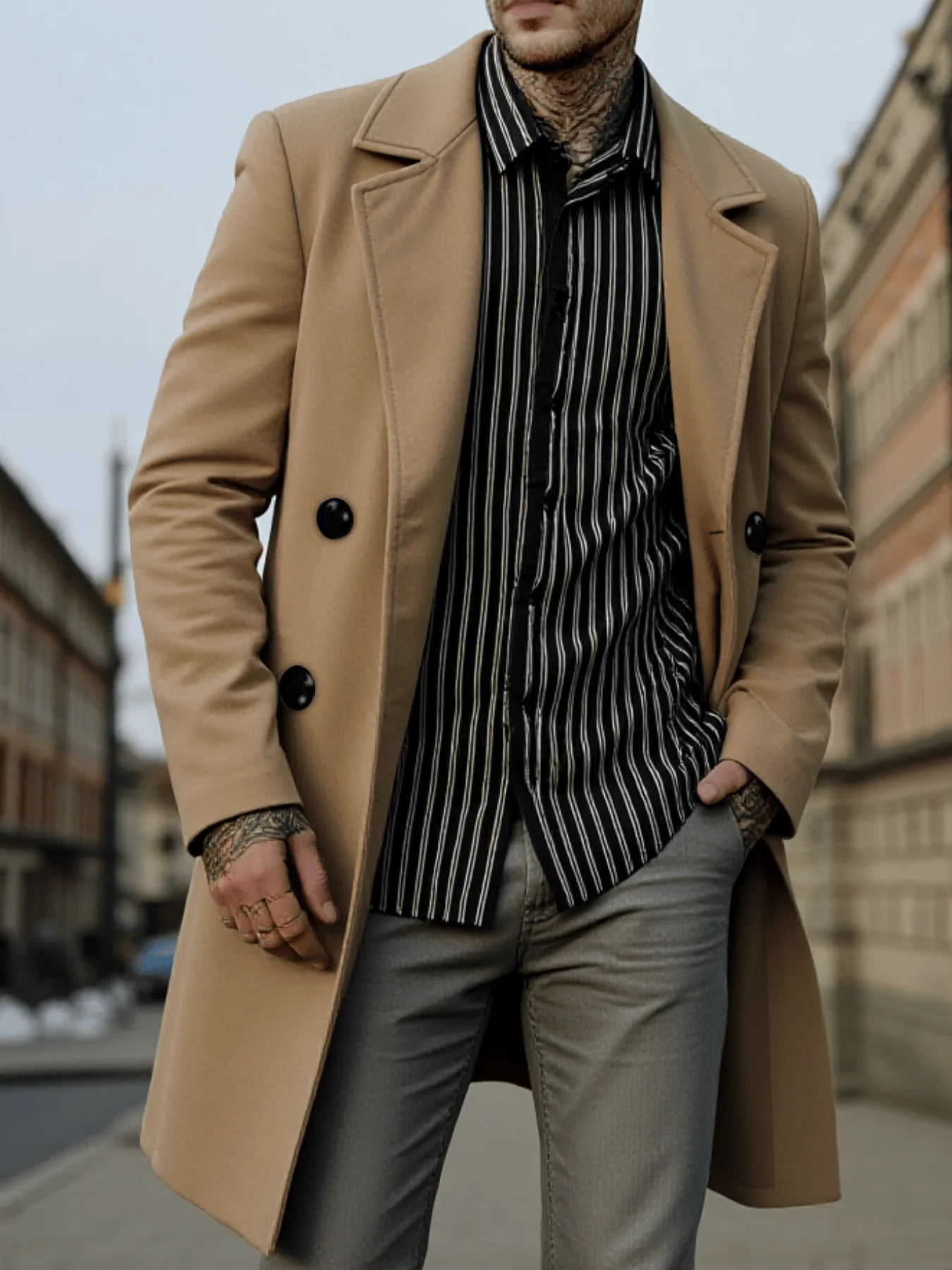 

Классическое двубортное мужское полушерстяное пальто, зимнее утепленное пальто, теплое ветрозащитное мужское пальто, модный дизайн, мужская одежда