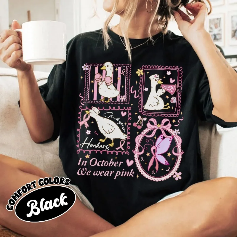 Autumn New Base Shirt Unisex T-shirt Cute Goose Breast Cancer Support Shirt, in October We Wear Pink Tshirt