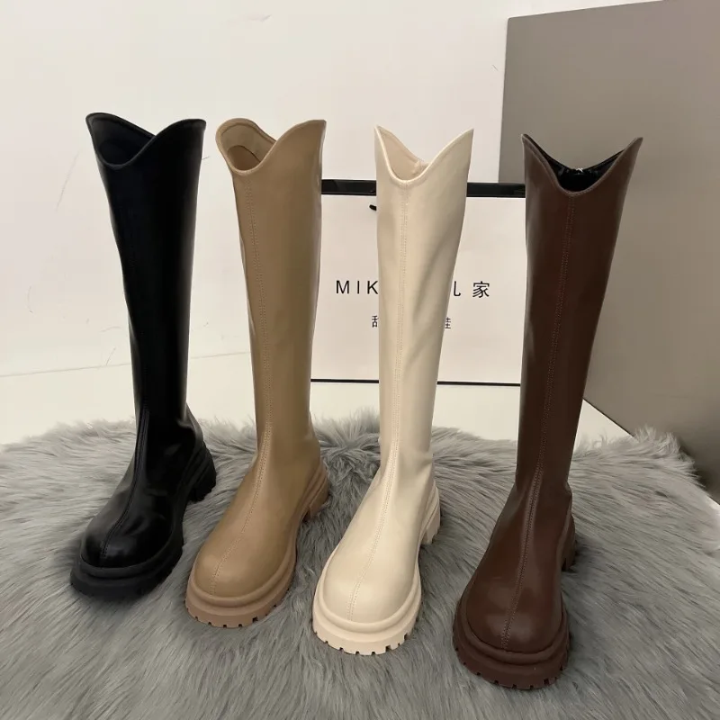 

Retro Bare Colored Boots Women Knee High Boots Fashion Back Zippers Knight Long Boots Square Heels Autumn Winter Ladies Shoes