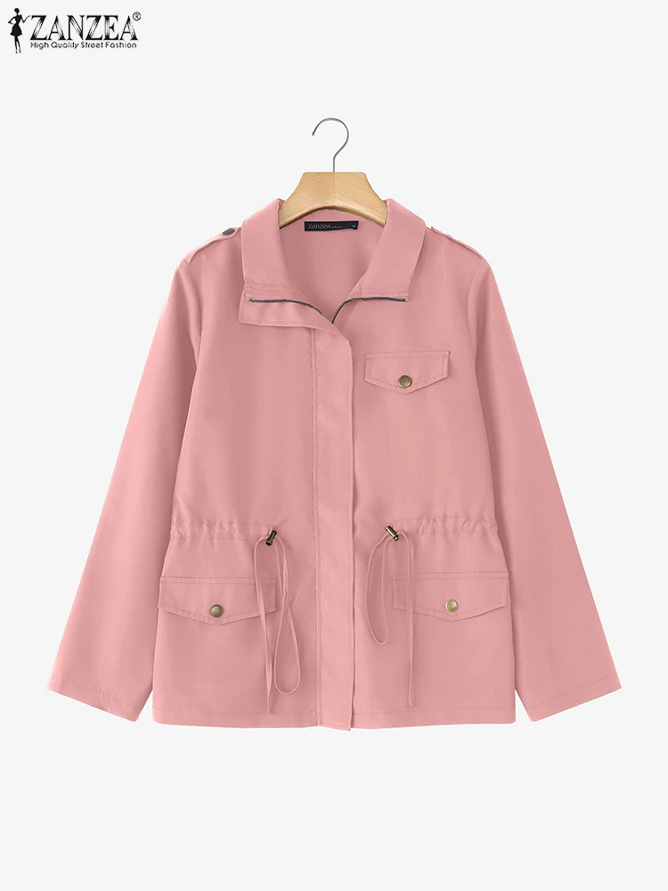 ZANZEA 2025 Autumn Fashion Long Sleeve Jackets Woman Casual Drawstring Waist Zip-Up Outerwear Solid Color Work Wear Cargo Coats