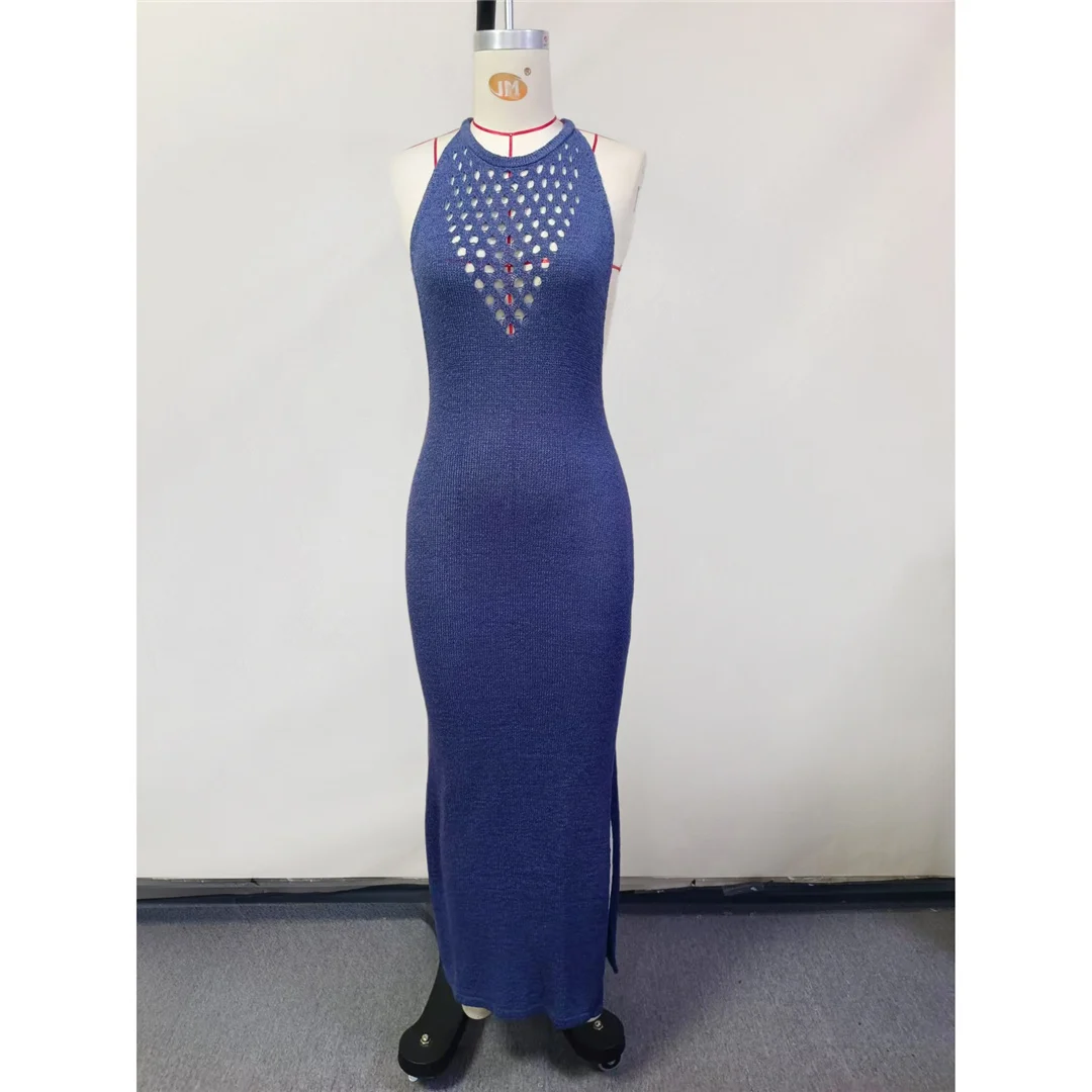 Elegantes blaues Häkel-Tunika-Kleid, sexy Neckholder, ärmelloses, gestricktes Maxikleid für den Strand, mit seitlichem Schlitz, Sommer-Party-Abendkleid, Strandkleidung V6199 – Detail 8