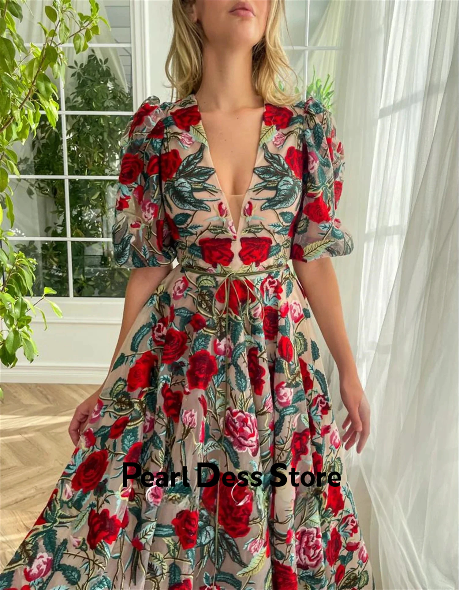 Pearl Dress-V-neck Party Dress 2024 A-line Flower Lace Evening Dress Women's Luxury Ball Dress Mid length Evening Dress Women's