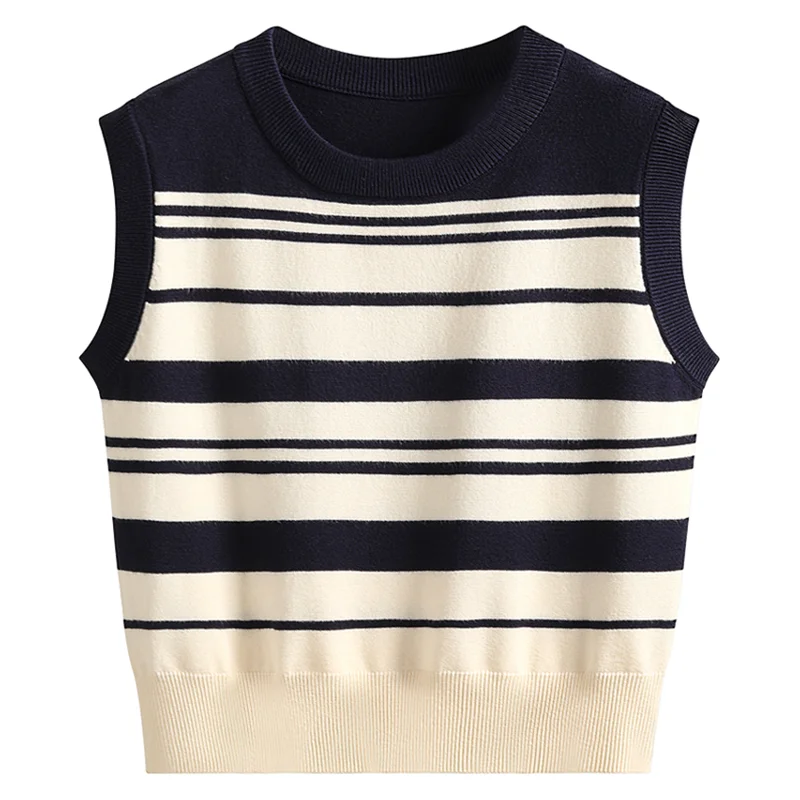 Striped Contrasting Knitted Vest for Women\'s 2024 Summer New Pullover O-Neck Patchwork Elegant Loose Casual Sleeveless Tops