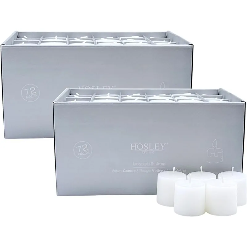 

Set of 144 Unscented White Votive Candles – Bulk Pack, Clean-Burning, Long-Lasting 10-12 Hour Burn Time – Ideal for Weddi