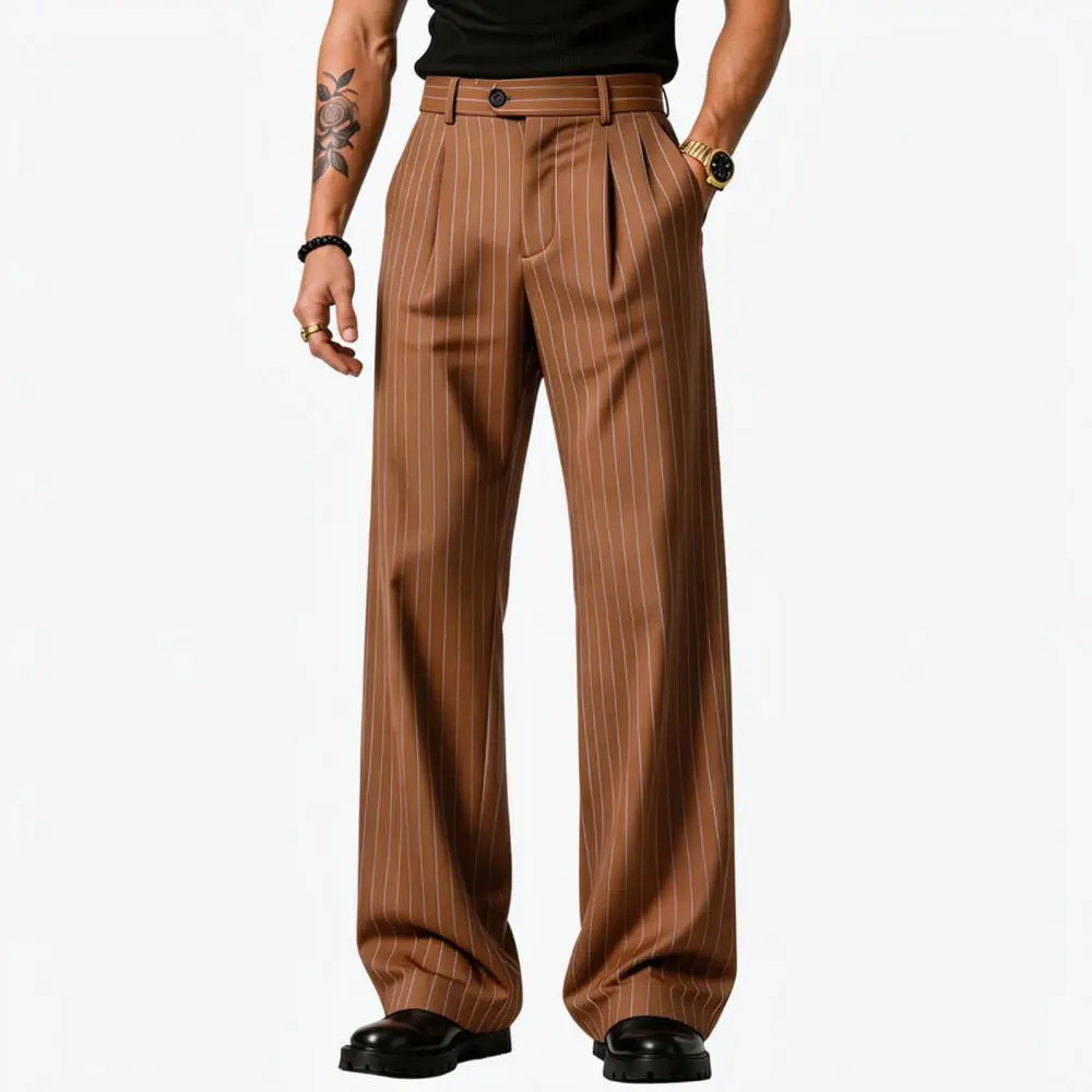 Mens Fashion Wide Leg Striped Trousers Vintage Loose Straight Casual Pants Old Money Aesthetic Breathable Long Bottoms