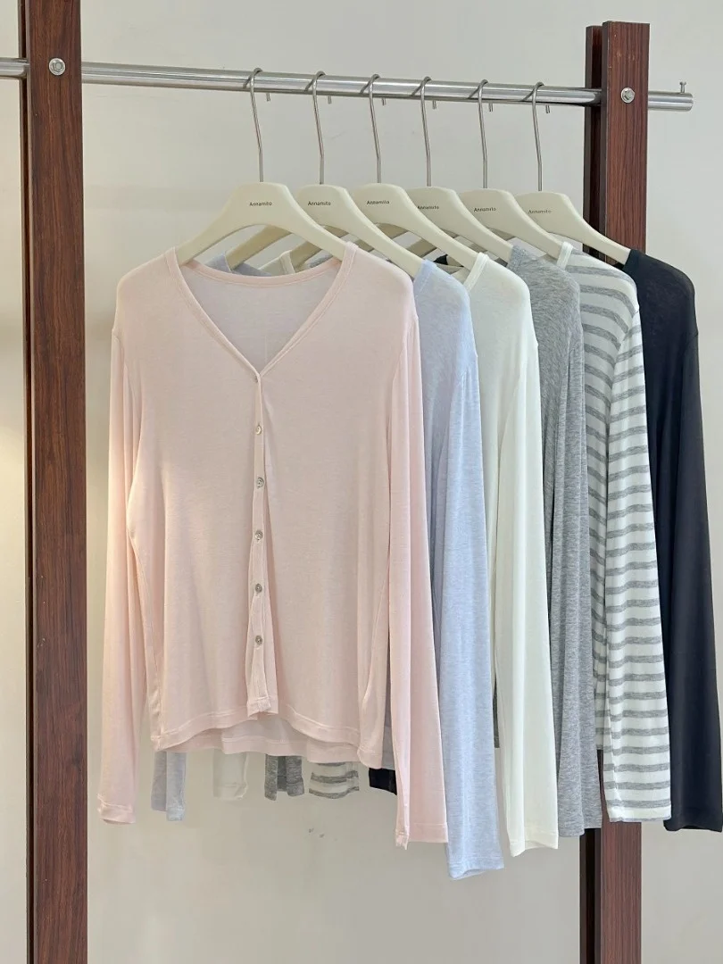Women's Loose V-neck Cardigan Silk Wool Modal Spring Summer Air Conditioning Sun Protection Long Sleeve T-shirt Simple Style