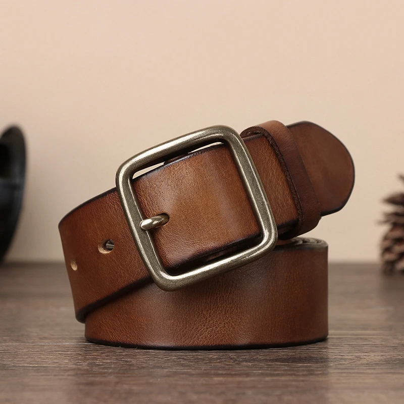 Vintage Luxury Handmade Leather Copper Buckle Man\'s Belt Cowhide Retro All-match Casual Jeans Soft Belts Lumbar  Man