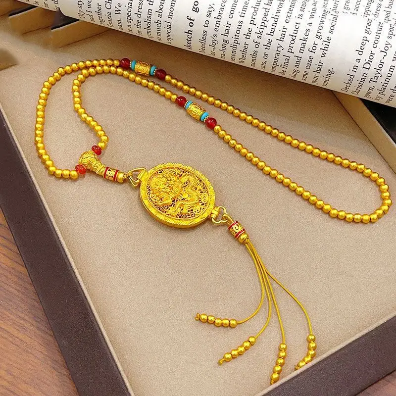 Pattern Scent Pouch Buddhist Beads Necklace Gold Plated Three Way Lotus Adjustable Layering Chain Modern Chinese Style for Women