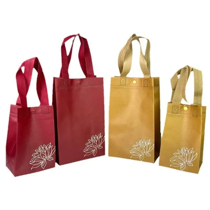 Lotus Print Waterproof Reusable Gift Bags Nonwoven Snap Closure Sturdy Totes for Birthday Party Holiday Gift Wrapping