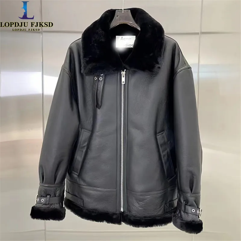 Women's PU Faux Lamb Fur Coat, Single Button Overcoat, Thick Warm Clothes, Turn-down, High Quality, Winter