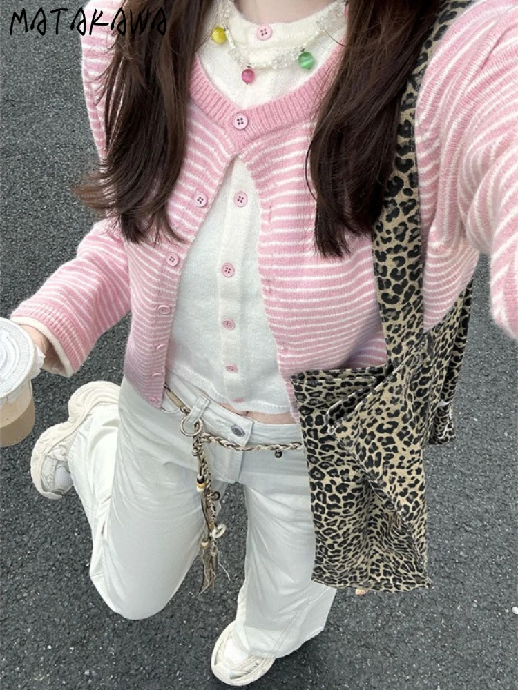 

Matakawa Fake 2 Pieces Cardigans Stripes Autumn Winter Korean Fashion Sweet Woman Sweaters Contrast Color Elegant Sueter Mujer