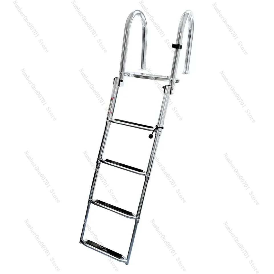 Stainless Steel 4-Section Folding Boat Ladder, with Curved Handrail & Hidden Mount