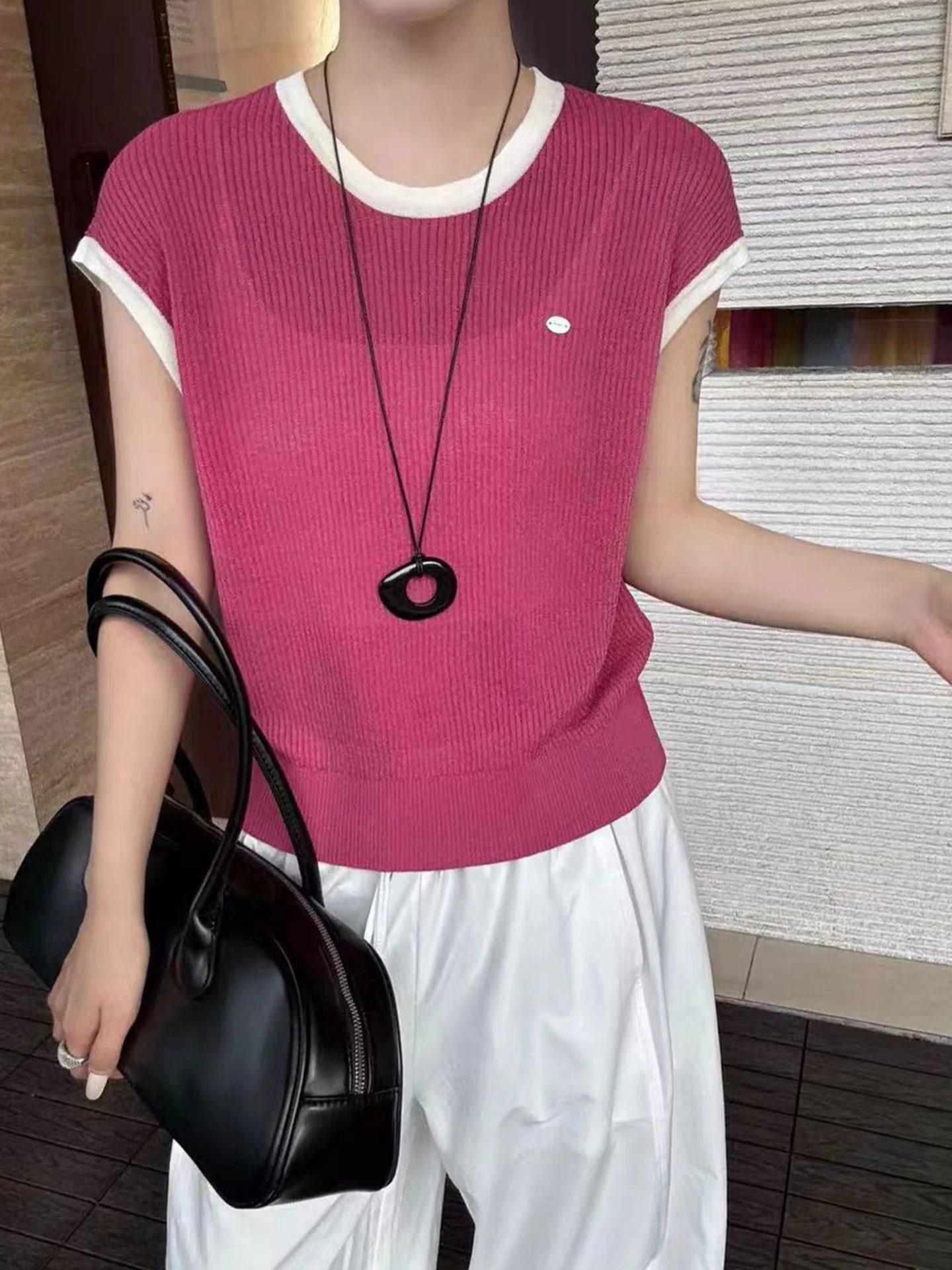 

Ele Ice Silk ort Sve Knitted Top Women's Faionable Light Weight Translucent Summer Pullover Korean Sle Straight Cut