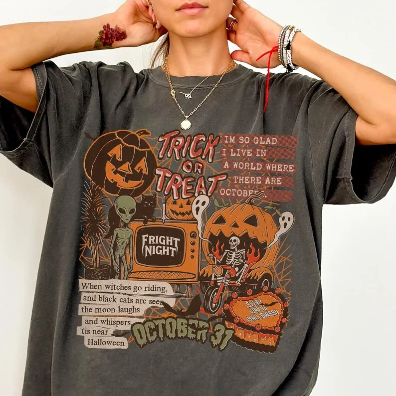 2026 Unisex Cotton Comfortable Halloween Oversized T-shirt Retro Pumpkin Skull Alien Print Loose Short Sleeved Daily Outfit