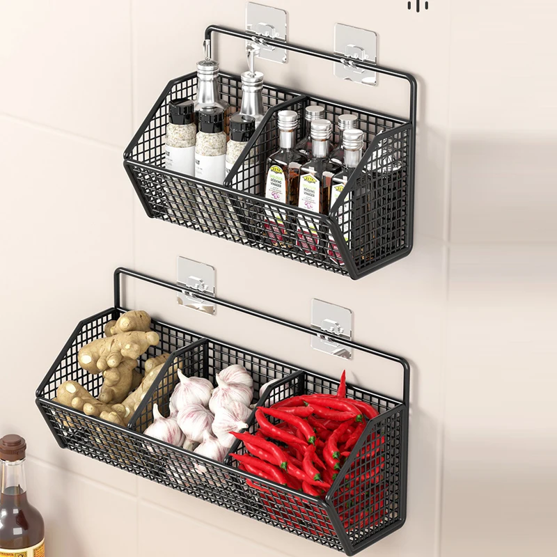 Wall Mounted Storage Basket Kitchen Onion Ginger Garlic Seasoning Spice Shelf No Rinse Vegetable Drainage Basket Kitchen Tool