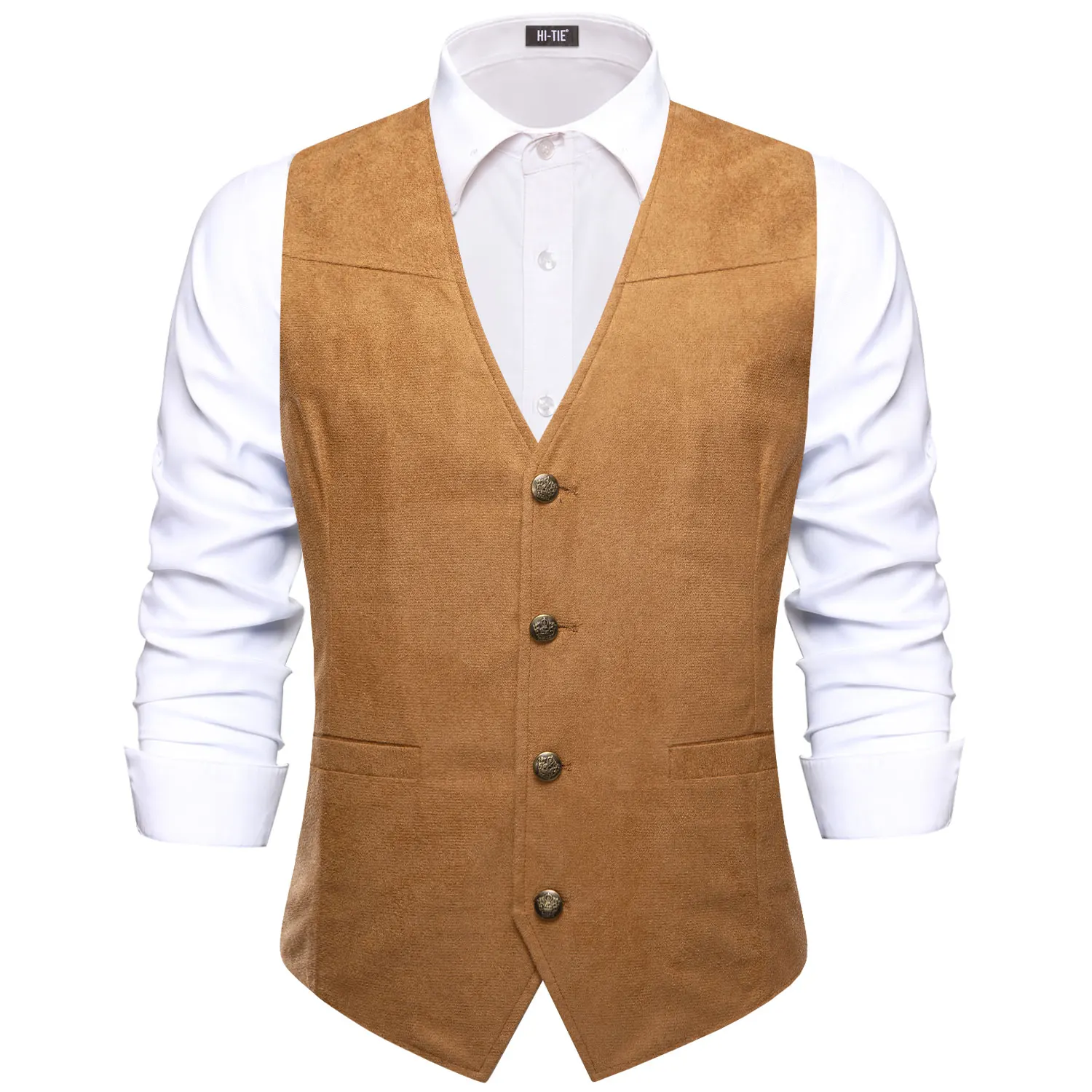 Herren Vintage Anzugweste aus Wildleder in Braun, Schwarz und Grün mit V-Ausschnitt, Einzelstück, Accessoires nicht enthalten, geeignet für Hochzeiten und Abendveranstaltungen. – Detail 6