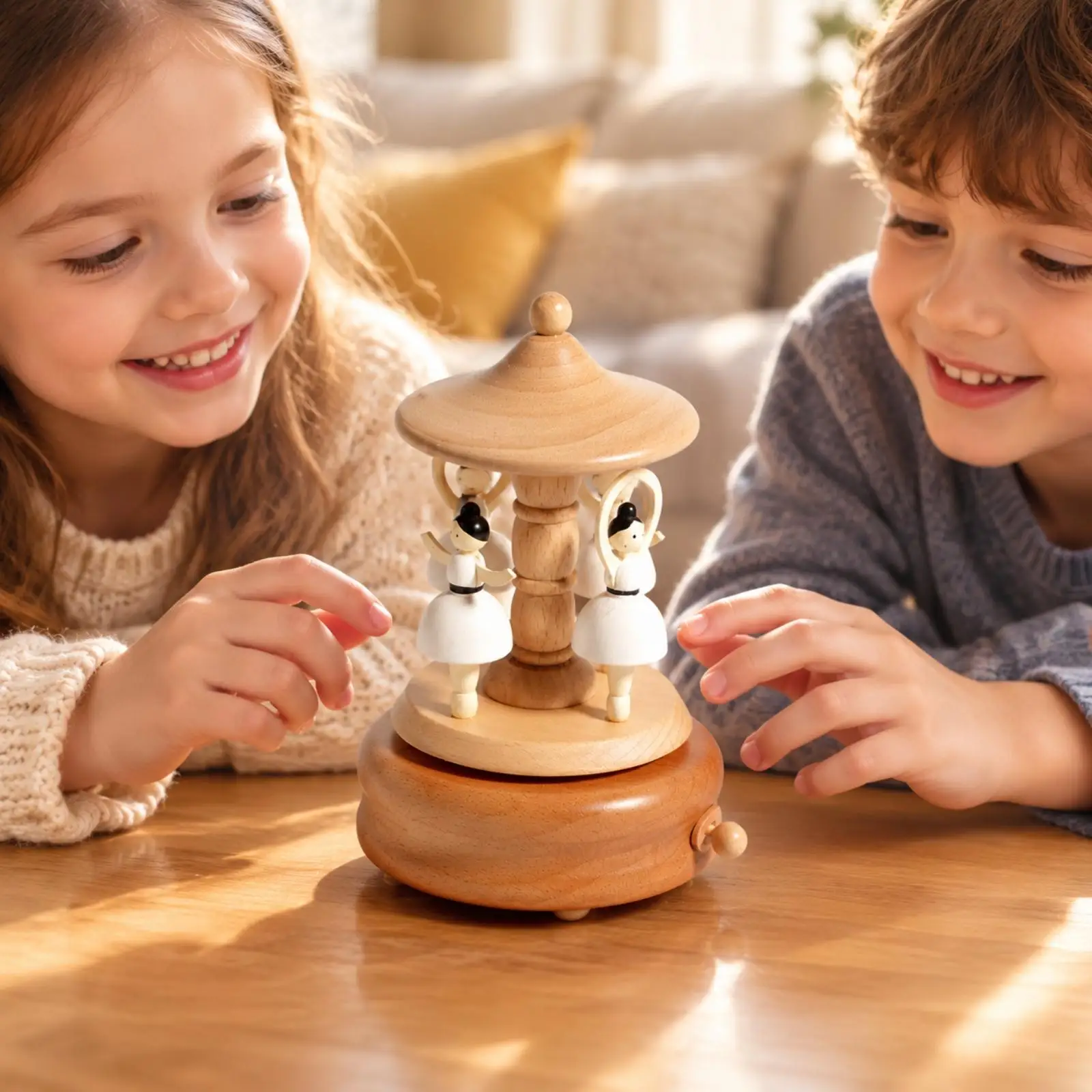 Wooden Musical Carousel Crank-Operated Hand-Crank Carousel Music Box Compact Wooden Music Box with Domed Canopy for Collectors,