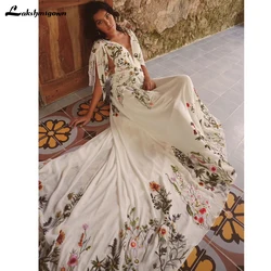 Yanshmigown-Robe de Mariée en Mousseline de Soie, Broderie Colorée Chic, Style Boho, Sexy, Col en V, Manches Courtes, Dos Ouvert, pour la Plage, pour Patients