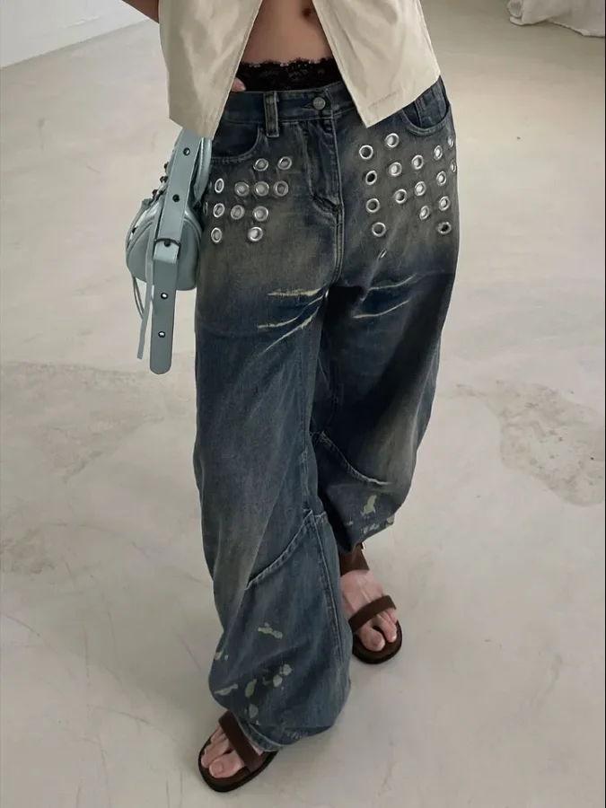 SuperAen High Street Retro Washed Metal Hole Denim Wide-leg Pants 2026 Spring and Autumn New Blue Full Length Pants