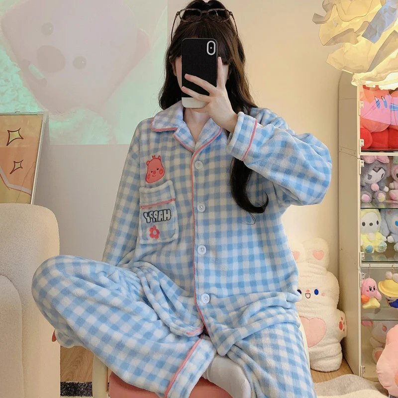 Autumn and Winter Long Sleeve Cardigan with Fleece and Thick Blue Plaid Flannel Pajama Cartoon Animal Soft Loungewear Nightwear