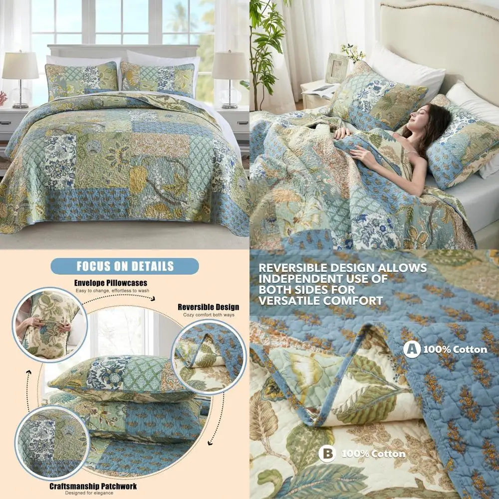 

King Size Green Bohemian Cotton Patchwork Quilt Set, Reversible Bedspread, Lightweight and Breathable 100% Cotton