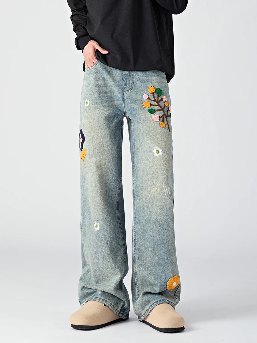 

Мужские джинсы Boyue Design Sensation с цветочным принтом, широкие, прямые, повседневные, длинные брюки, винтажный деним, молодежный тренд