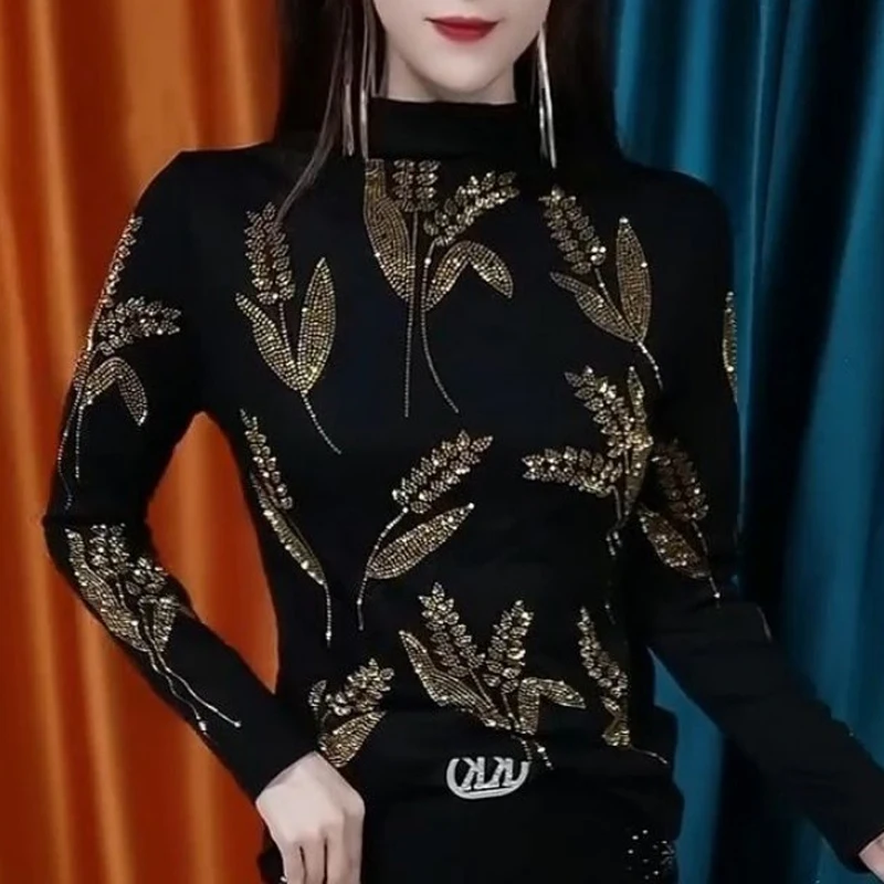 Women Clothing Autumn Winter Vintage Fashion Rhinestone Half High Collar Basic T-shirt Elegant Long Sleeve Slim Plush Warm Tops